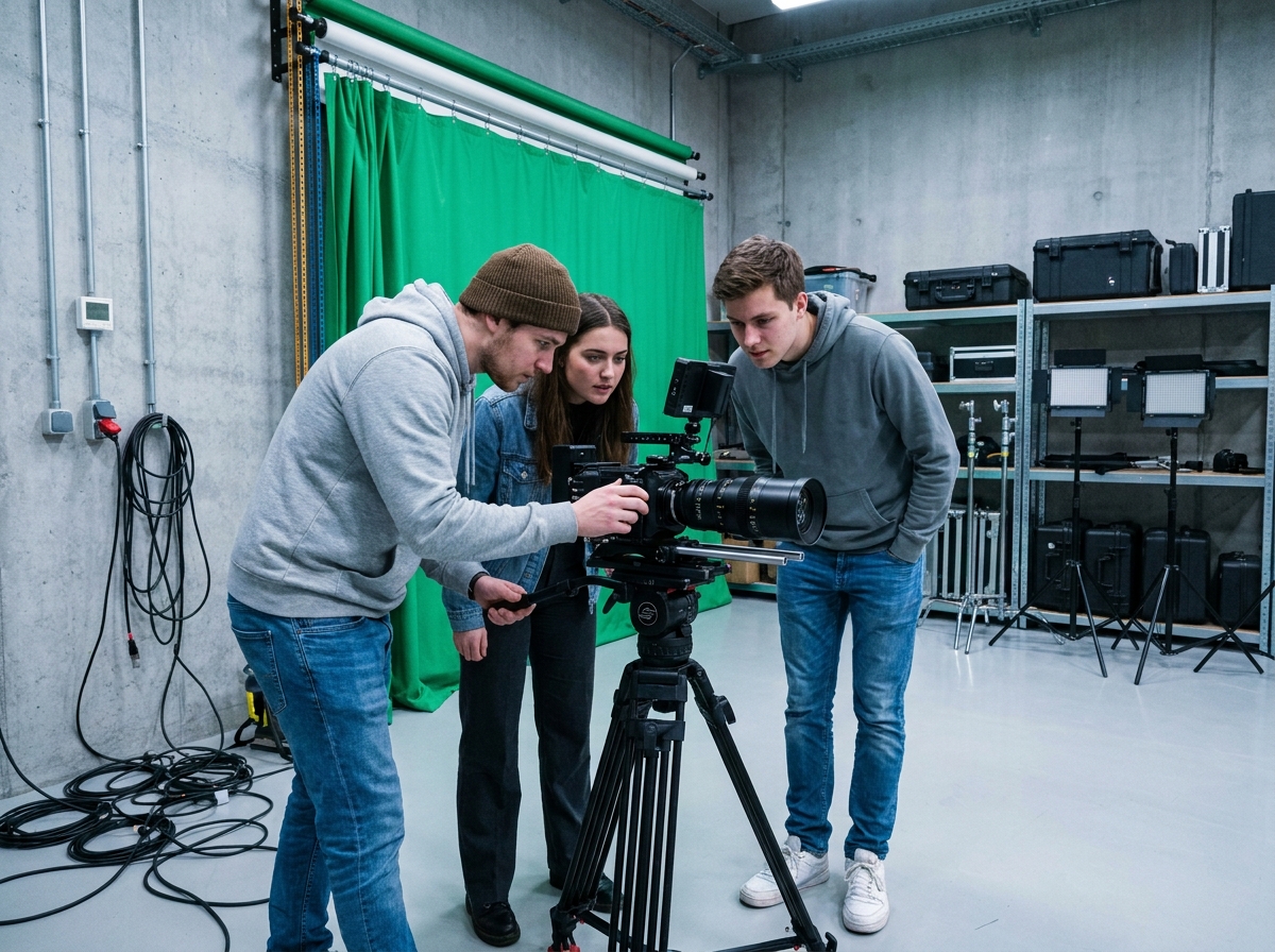 Étudiants en cinéma découvrant la caméra professionnelle lors d'un cours pratique en studio