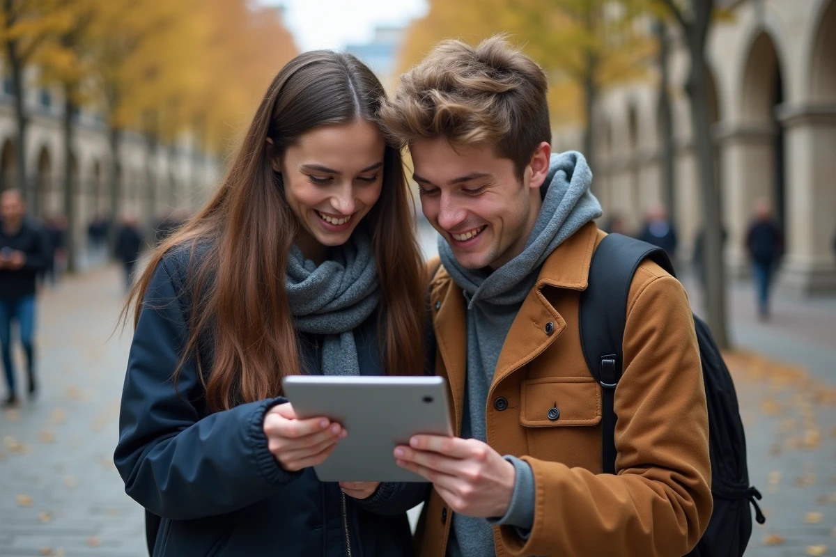 Deux étudiants consultant ensemble le guide de l'ENT ENTASSAS de l'Université Paris 2 sur une tablette en campus extérieur
