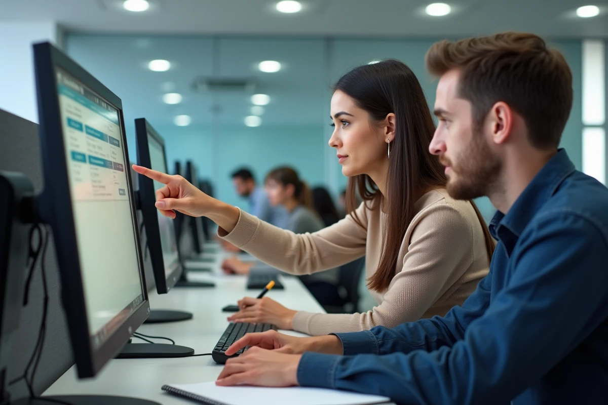 Deux étudiants découvrant ensemble l'interface MyGEMA sur un ordinateur en salle informatique universitaire lors de la rentrée