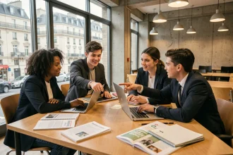 Étudiants de Paris School of Business découvrant le programme PSB learning autour d'une table de séminaire moderne