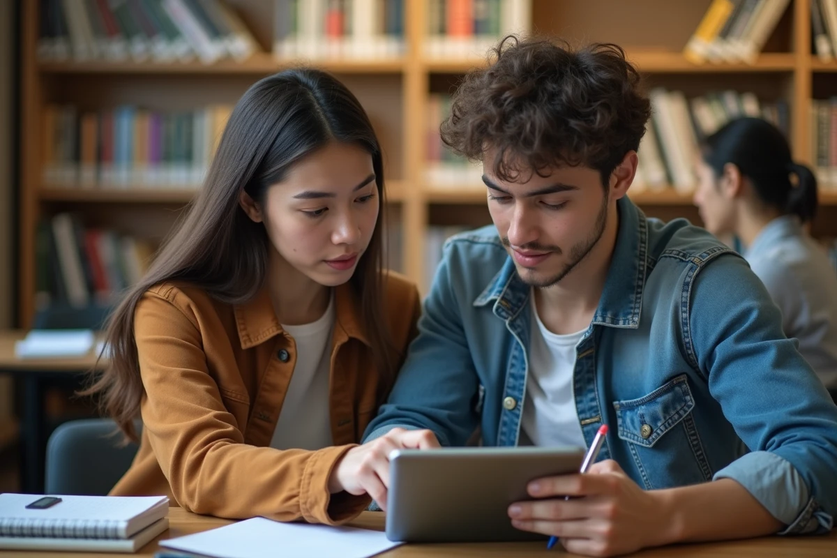 Deux étudiants collaborant pour résoudre un message d'erreur sur une tablette en bibliothèque