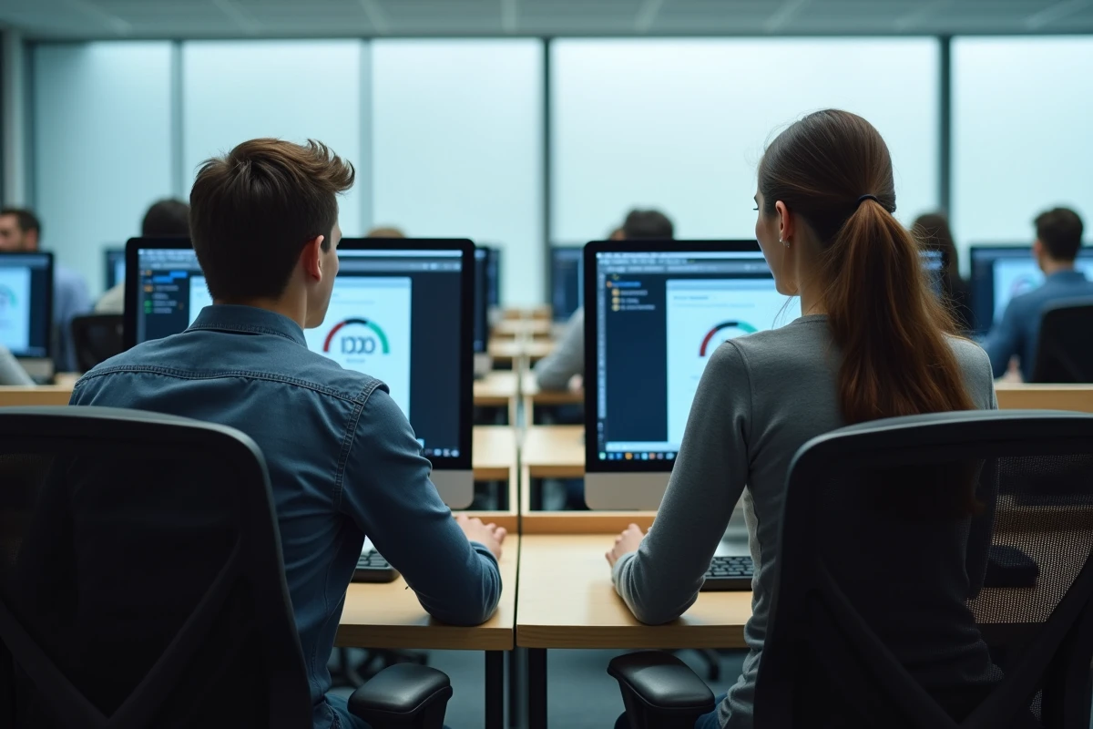Étudiants en salle informatique passant un examen en ligne sécurisé sur Moodle