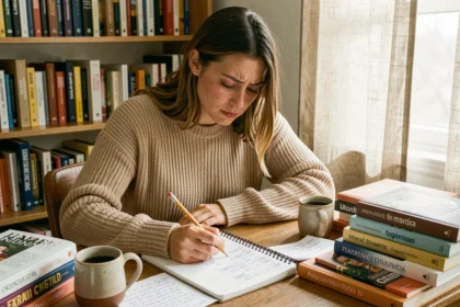 Jeune femme étudiant la conjugaison de l'imparfait espagnol dans un bureau avec des cahiers de grammaire et des notes manuscrites