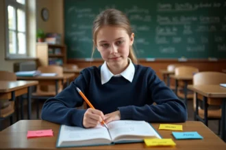 Élève adolescente annotant les classes grammaticales dans un cahier de grammaire française en salle de classe