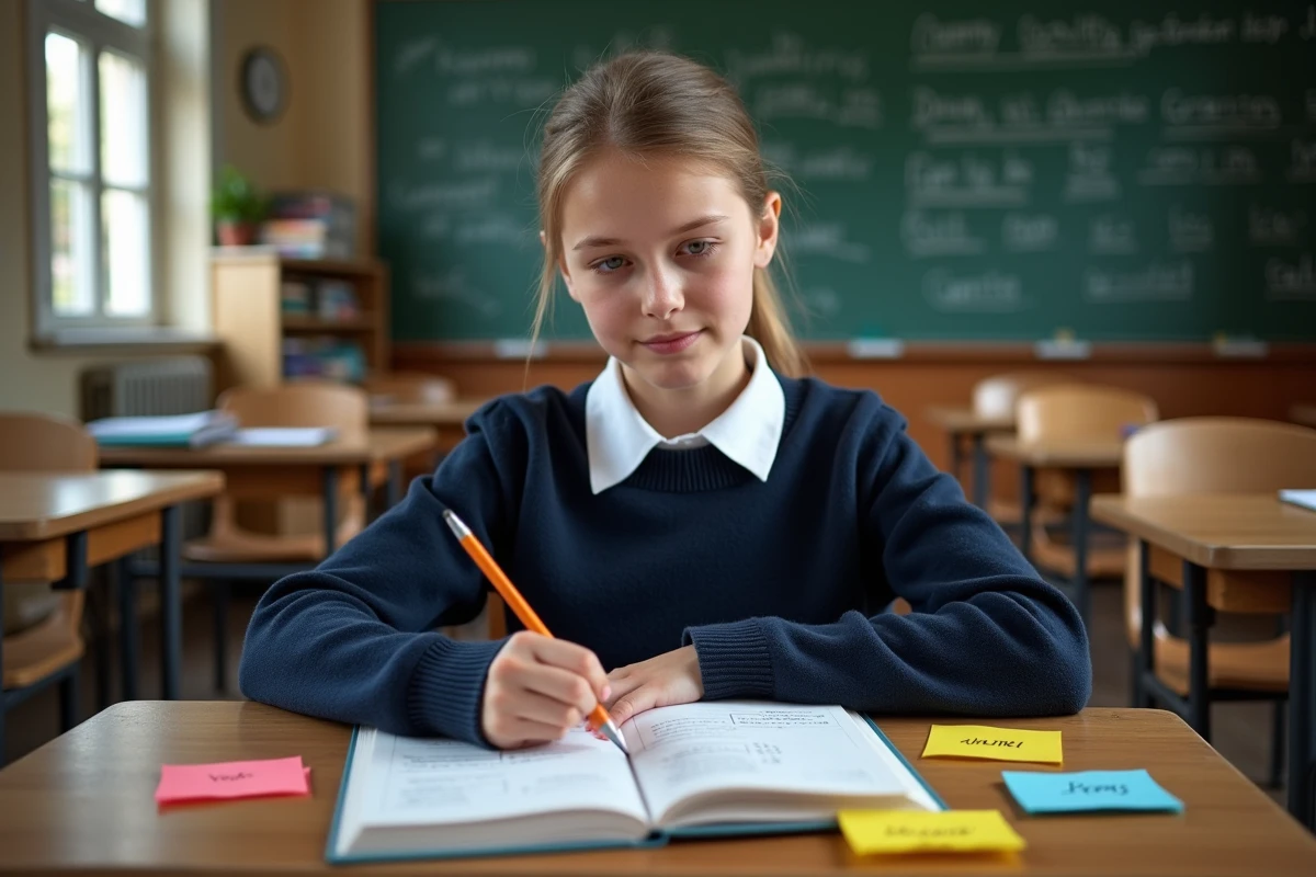 Élève adolescente annotant les classes grammaticales dans un cahier de grammaire française en salle de classe