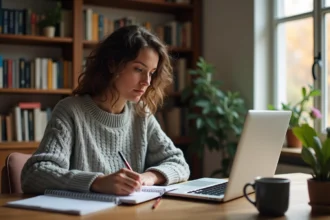 Femme de 40 ans reprenant des études en ligne sur son ordinateur portable dans un bureau à domicile, prenant des notes manuscrites avec concentration