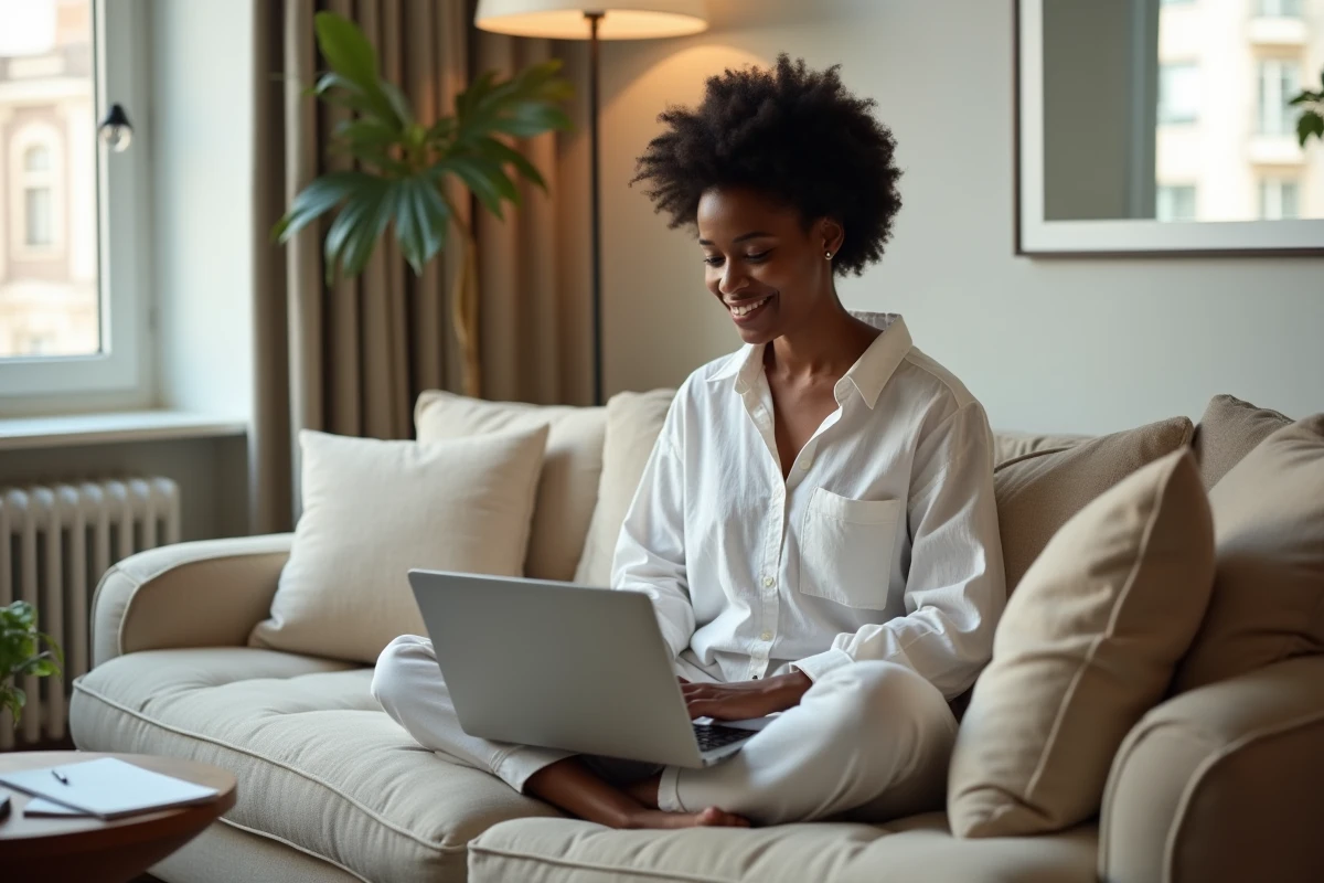 Femme de 41 ans suivant un cours en ligne depuis son salon, souriante devant son ordinateur portable, illustrant la flexibilité de la formation à distance à 40 ans