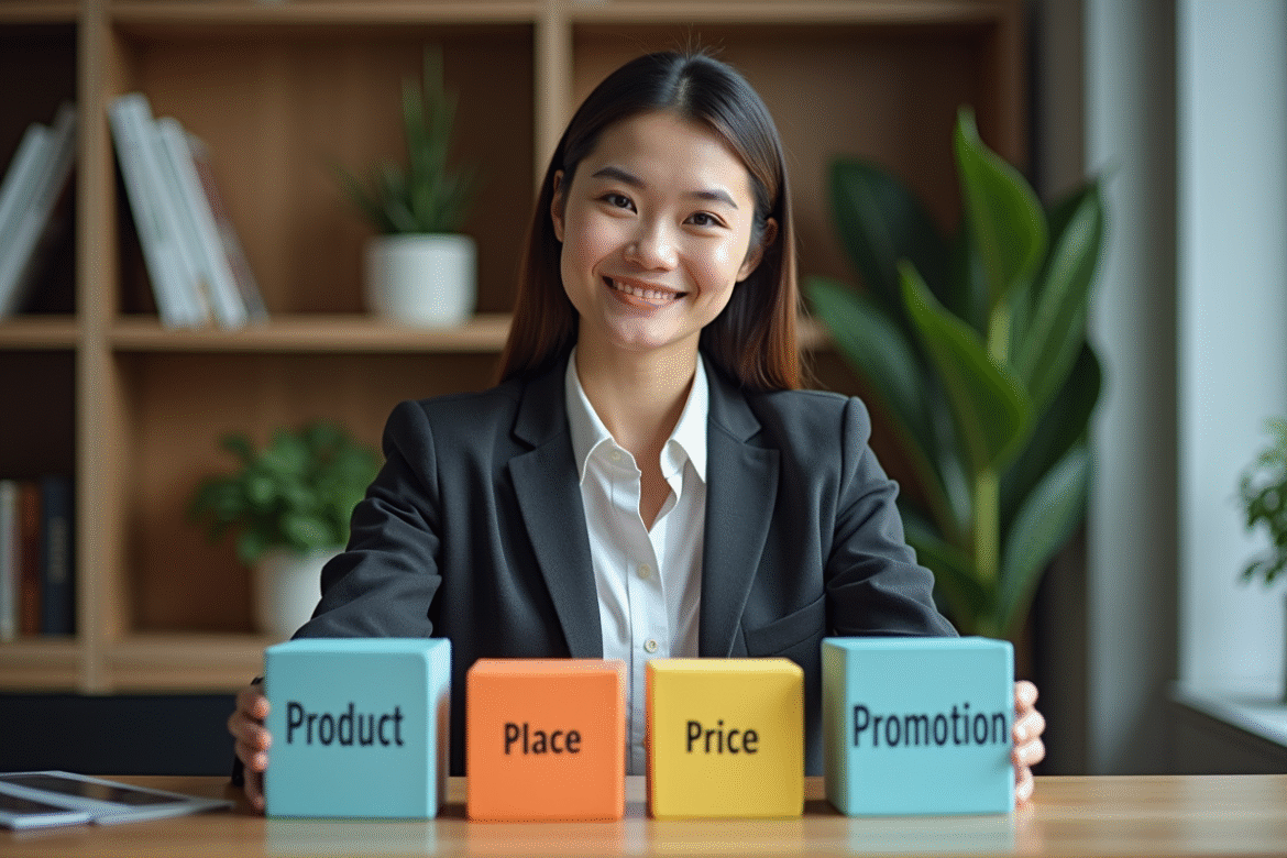 Jeune femme d'affaires arrangeant des cubes marketing