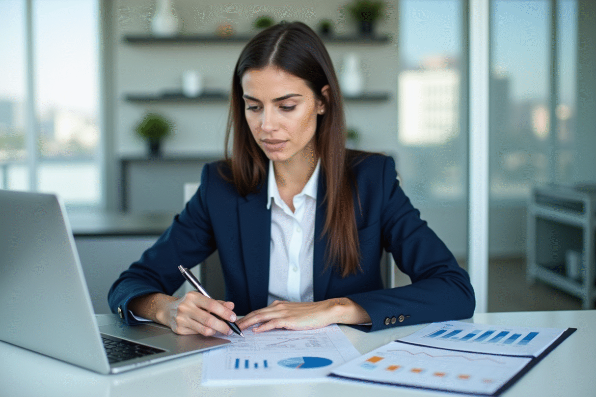 Femme d'affaires en réunion analysant un graphique