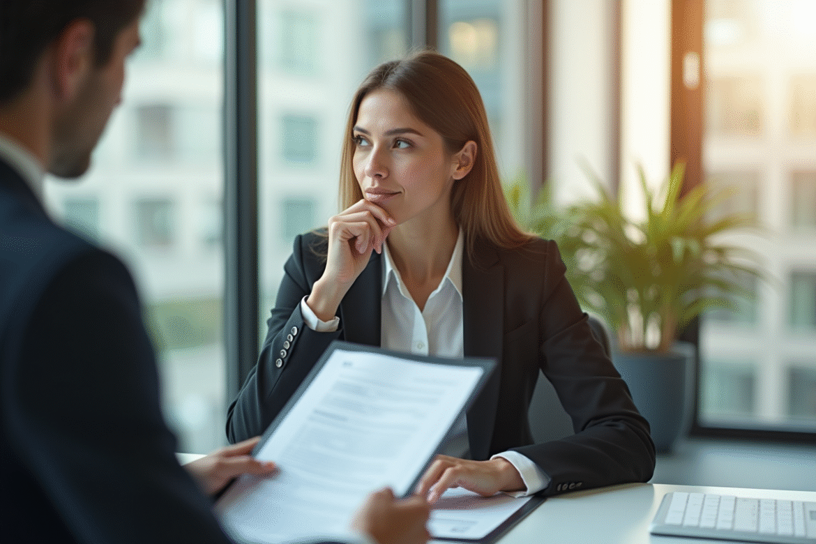 Femme d'affaires dans un bureau moderne refuse poliment un document