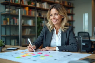 Femme en bureau analysant un tableau coloré