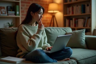 Jeune femme apprenant l'anglais américain en regardant une série sur son ordinateur portable dans un appartement cosy