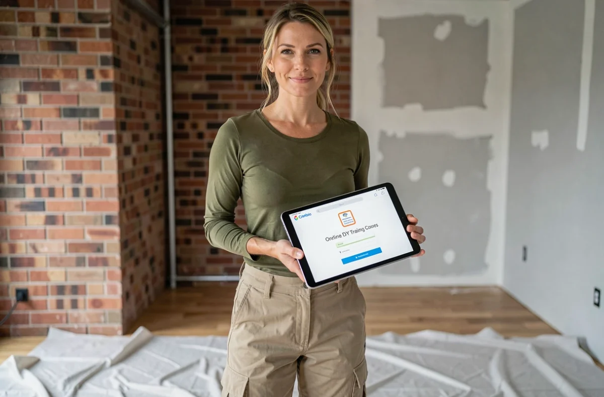 Femme artisane consultant une formation en ligne de certification bricolage sur tablette dans un espace en cours de rénovation
