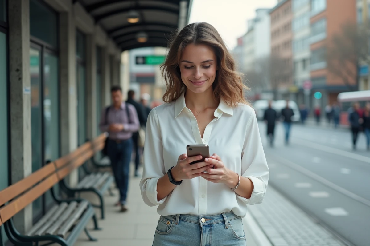 Jeune femme attendant au tram avec son smartphone en main