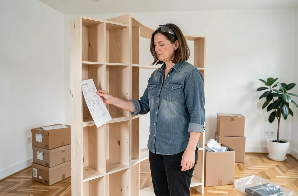 Femme bricoleur assemblant une étagère en bois dans un salon moderne, suivant les instructions d'une plateforme DIY