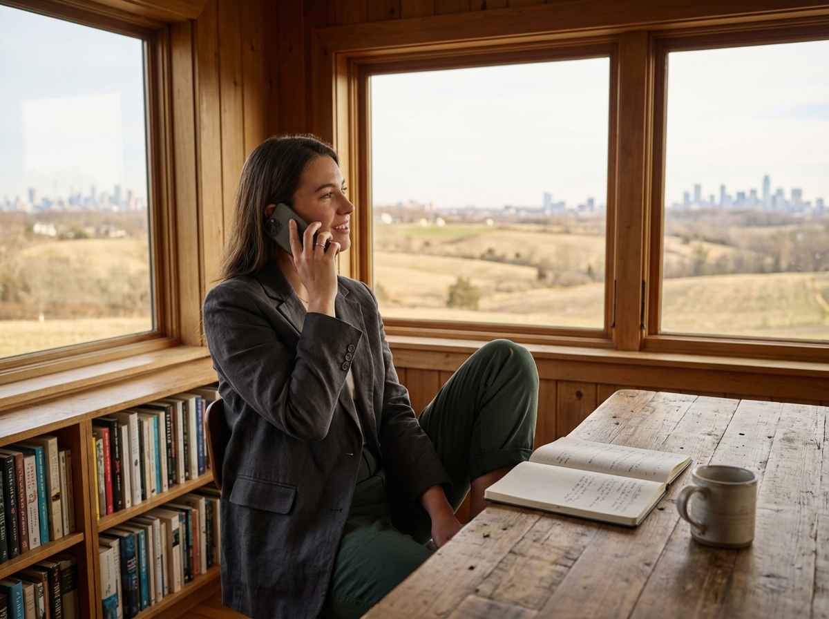Femme en bureau cosy regardant la campagne rurale
