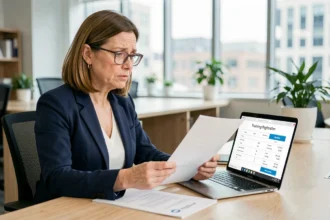 Professionnelle consultant une offre de formation BTP avec mention prix pris en charge sur un ordinateur portable au bureau