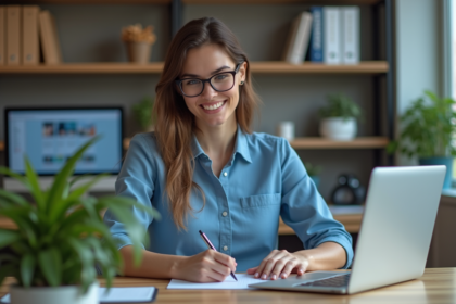 Femme au bureau utilisant un ordinateur portable organisé