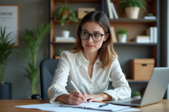 Femme professionnelle prenant des notes dans un bureau moderne