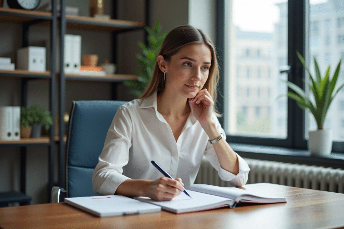 Jeune femme au bureau prenant des notes dans un planner