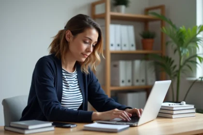 Femme concentrée travaillant sur son ordinateur dans un bureau moderne