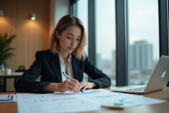 Femme en bureau examinant une feuille de route de projet