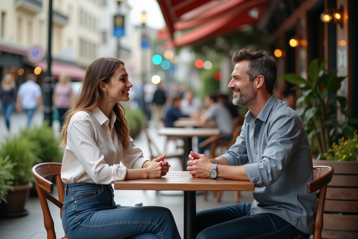 Jeune femme en terrasse de café parlant avec un homme en ville