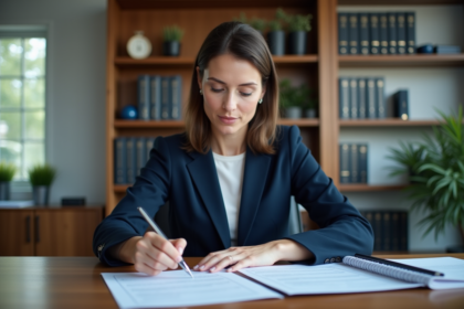 Femme d affaires en costume vérifiant des documents officiels