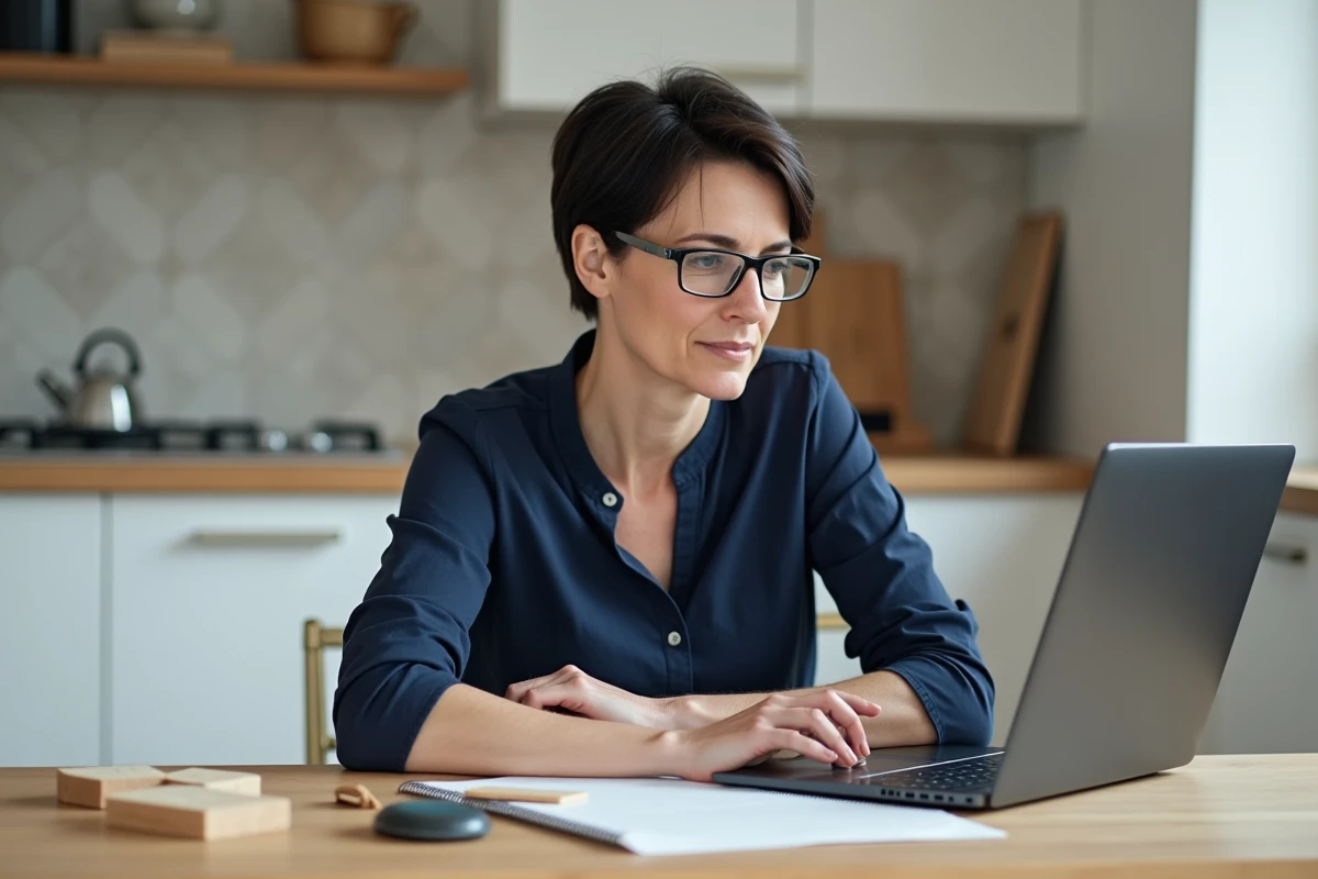Femme choisissant une formation bricolage en ligne sur son ordinateur portable à une table de cuisine moderne