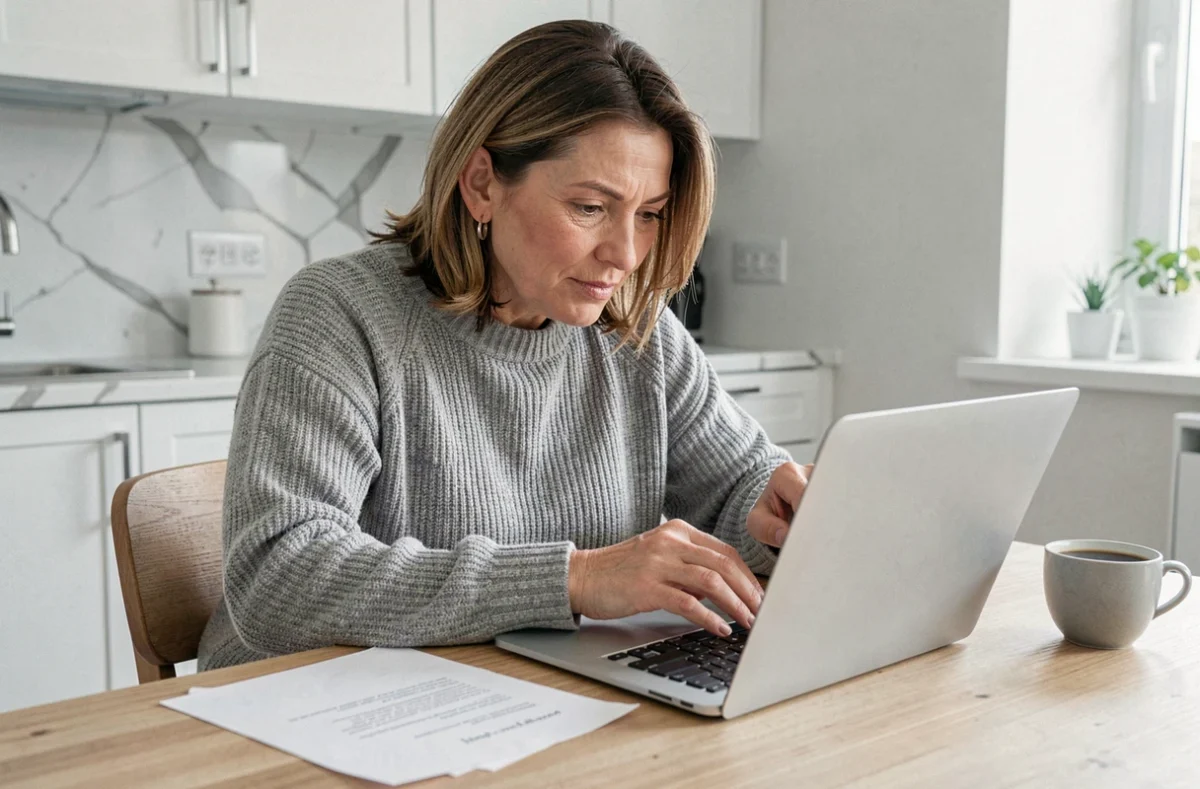 Femme comparant un devis de travaux sur ordinateur et document papier dans une cuisine moderne