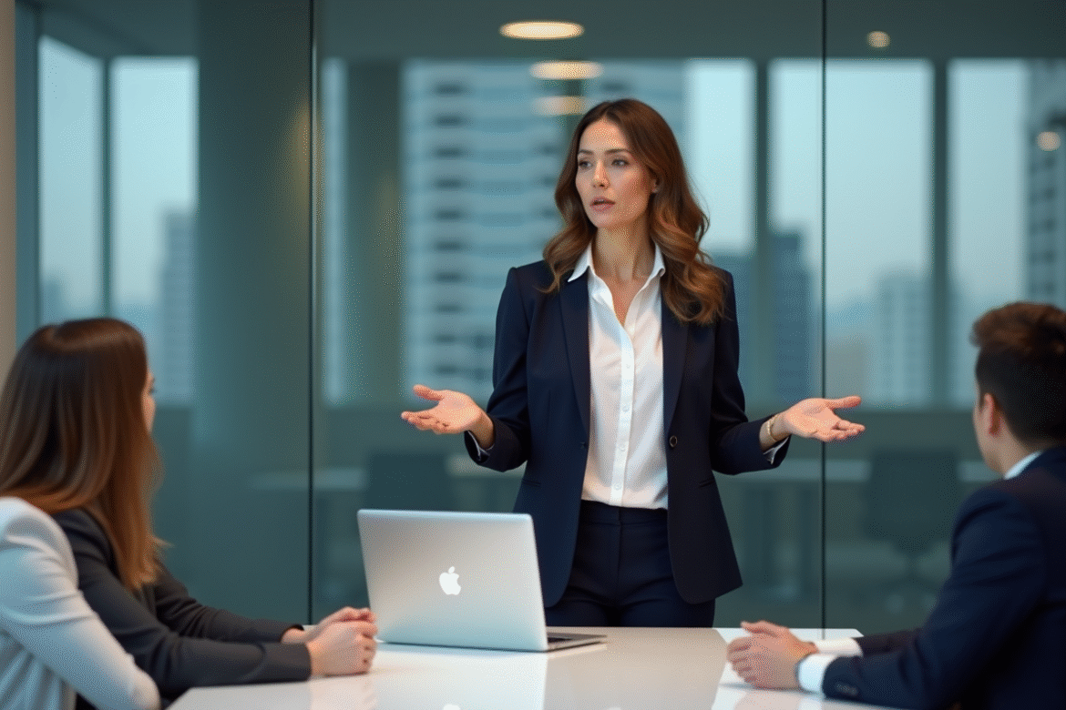 Femme confiante en réunion d'affaires moderne