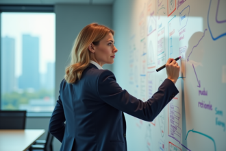 Femme confiante en costume dessinant des diagrammes dans une salle moderne
