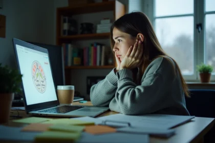 Femme fatiguée devant un simulateur de mémoire sur ordinateur portable, illustrant la surcharge cognitive d'une routine d'apprentissage quotidienne