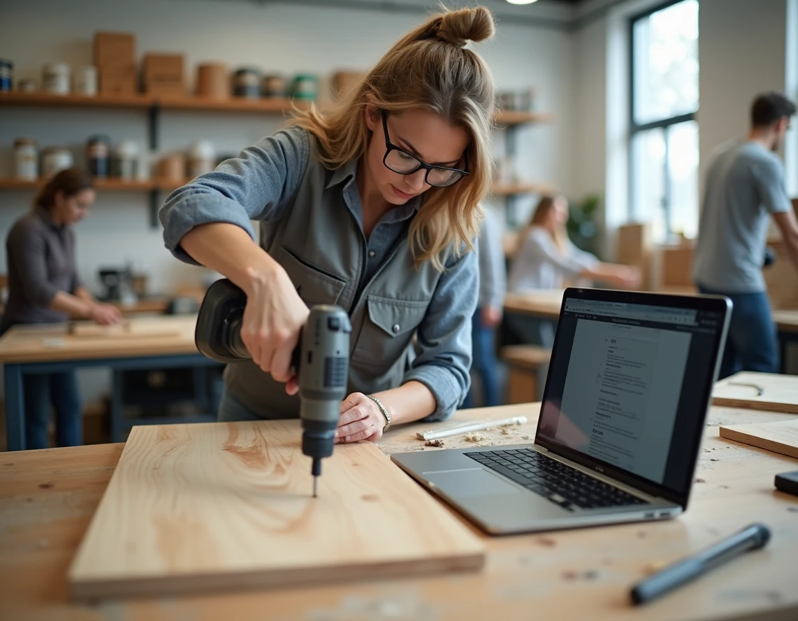 Femme en formation bricolage pratiquant la perceuse dans un espace makerspace collaboratif