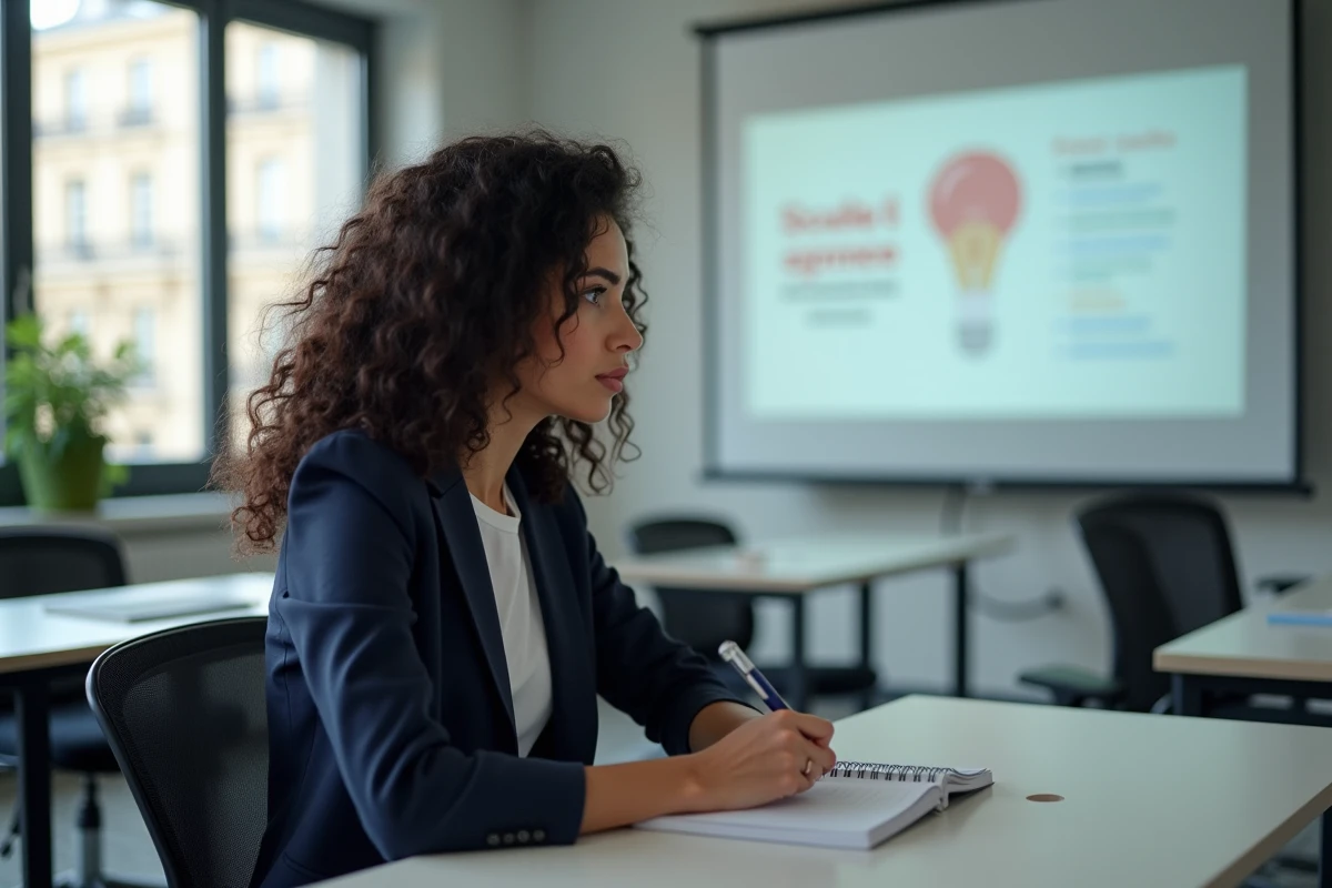 Femme concentrée prenant des notes lors d'une session de formation au marketing digital à Paris