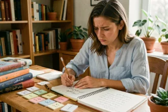 Une femme francophone frustrée qui étudie l'arabe à son bureau, entourée de livres et de fiches de vocabulaire manuscrites