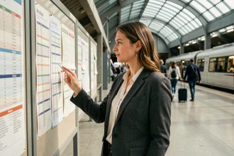 Femme consultant un tableau d'affichage dans la gare d'Amiens pour la rentrée 2026, illustrant les nouveautés Pia ac Amiens
