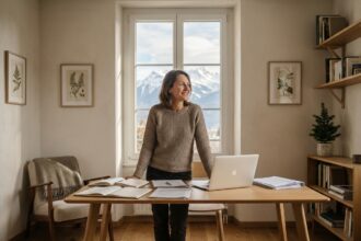 Femme souriante dans un bureau avec vue sur Sallanches