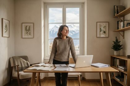 Femme souriante dans un bureau avec vue sur Sallanches
