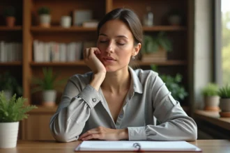 Femme en introspection sensorielle assise à un bureau en bois, illustrant les modèles sensoriels VAKOG et la conscience perceptive