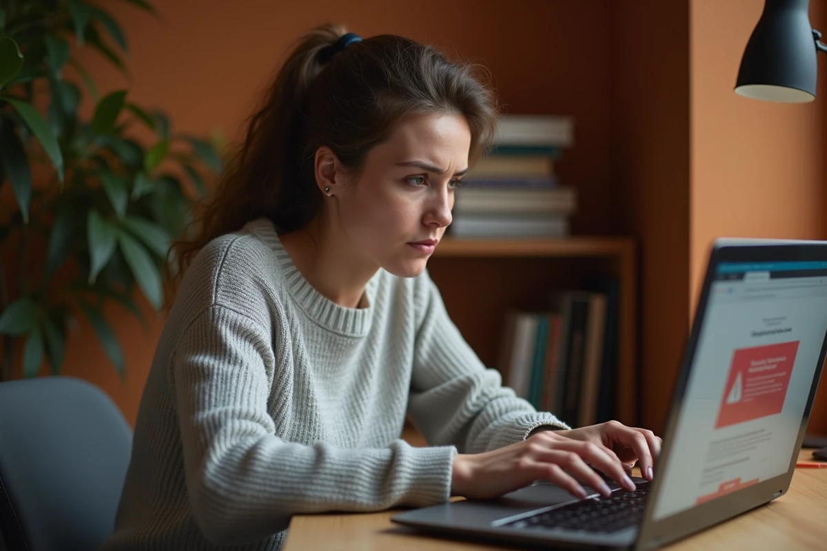 Femme analysant un message d'erreur sur son ordinateur portable dans un bureau à domicile