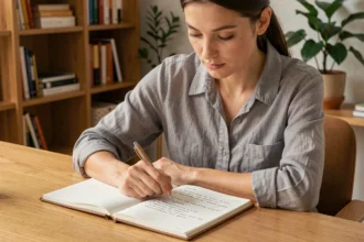 Femme concentrée suivant une méthode étape par étape dans un carnet sur un bureau en bois