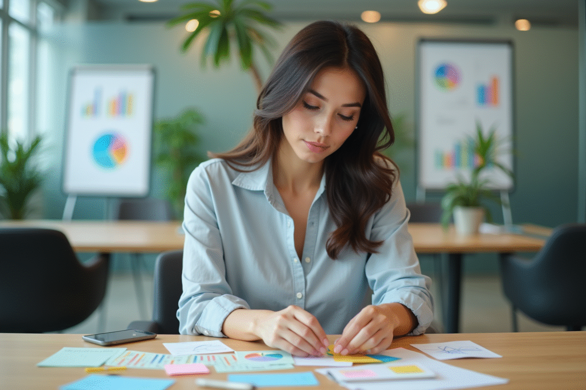 Femme en réunion professionnelle arrangeant des cartes colorées