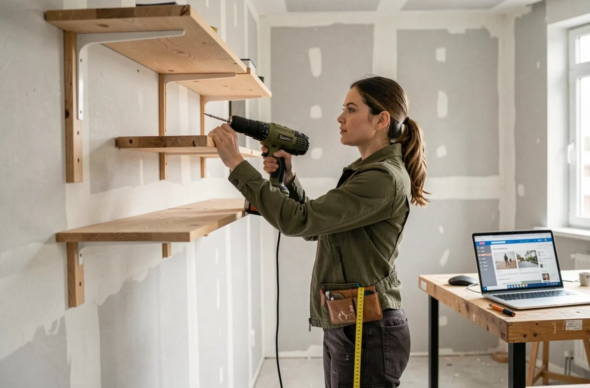 Femme utilisant une perceuse sans fil pour installer des étagères dans un appartement en rénovation après avoir suivi une formation bricolage en ligne