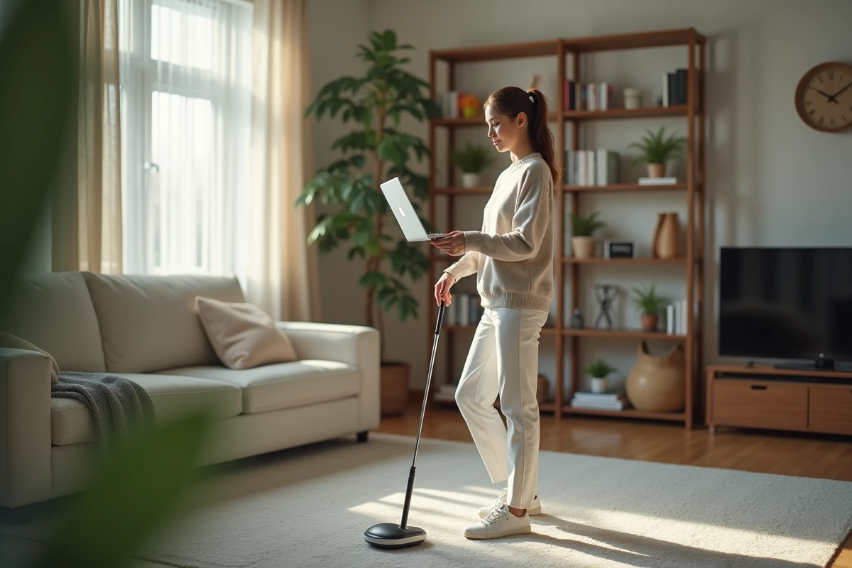 Jeune femme s’entraînant au golf à la maison avec un club