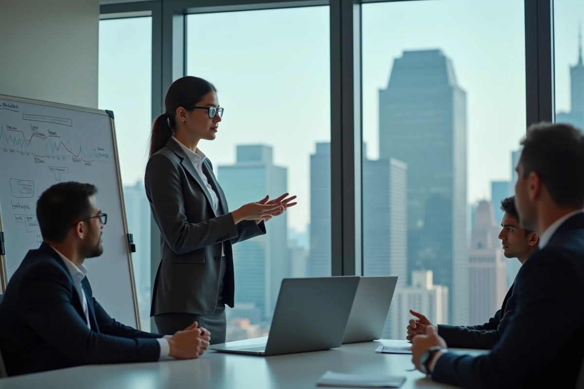 Femme confiante présentant des modèles mathématiques en réunion