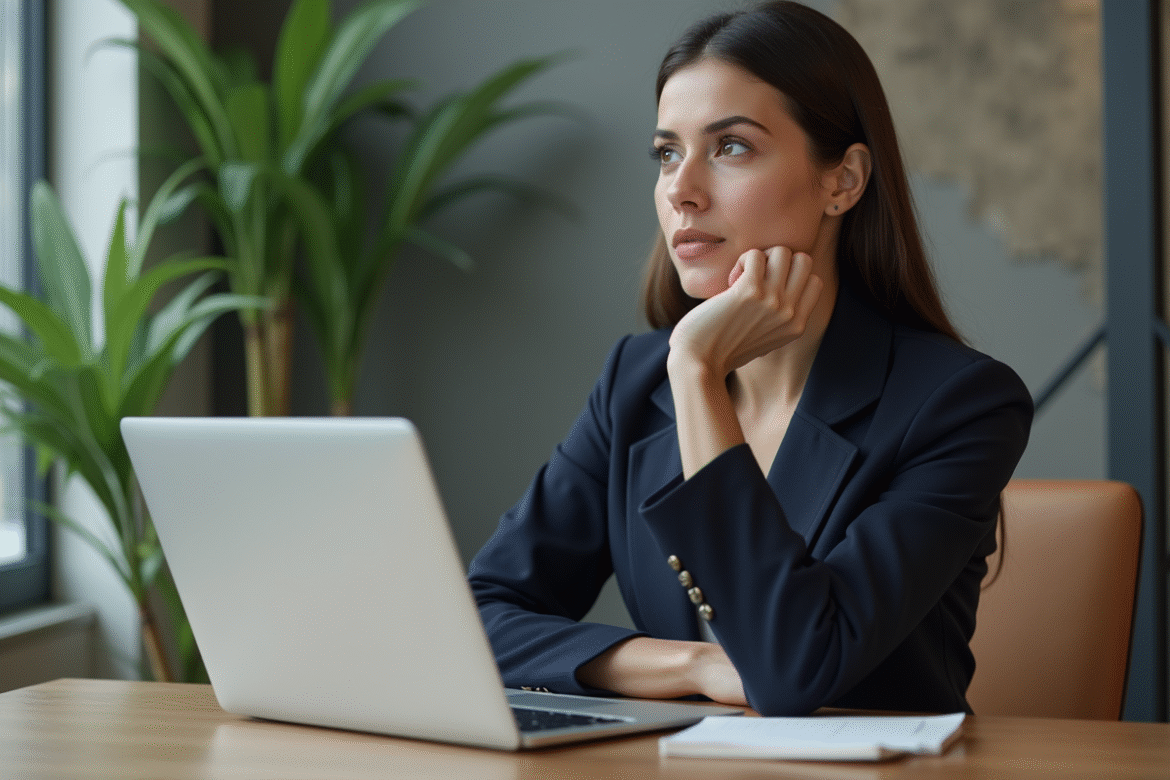 Femme en blazer navy dans un bureau moderne