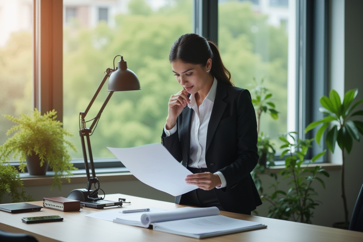 Femme professionnelle compare deux documents au bureau