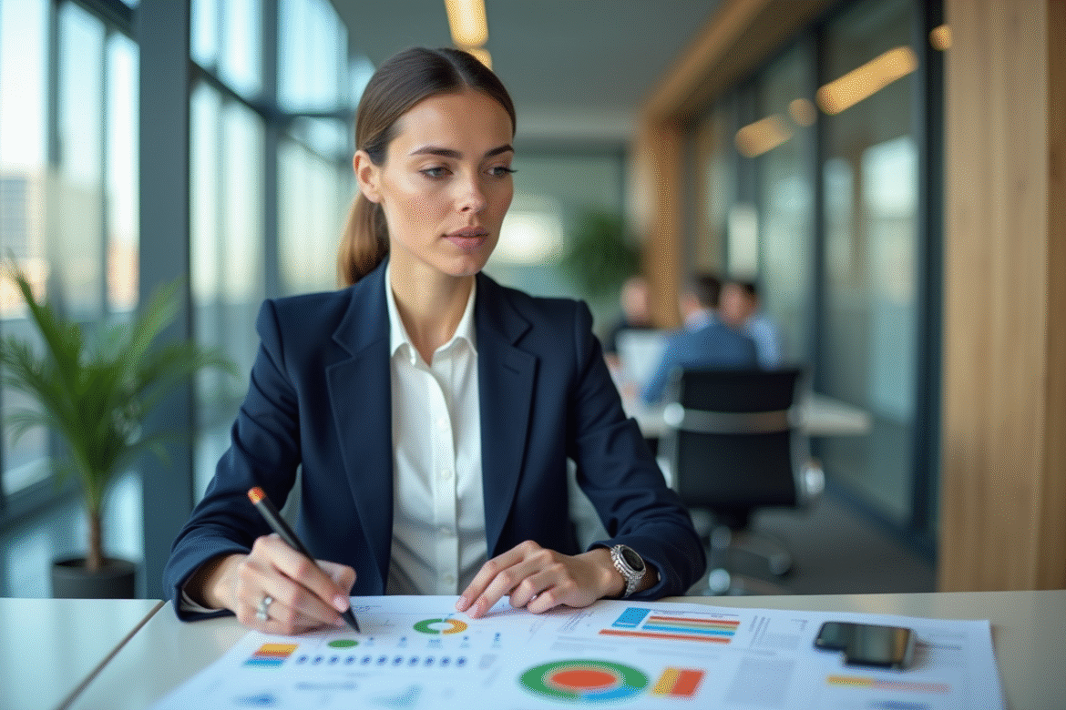 Femme professionnelle en réunion avec graphiques et notes
