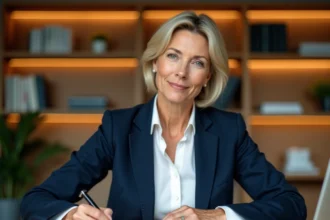 Femme professionnelle rédigeant une lettre de recommandation à son bureau avec un stylo plume